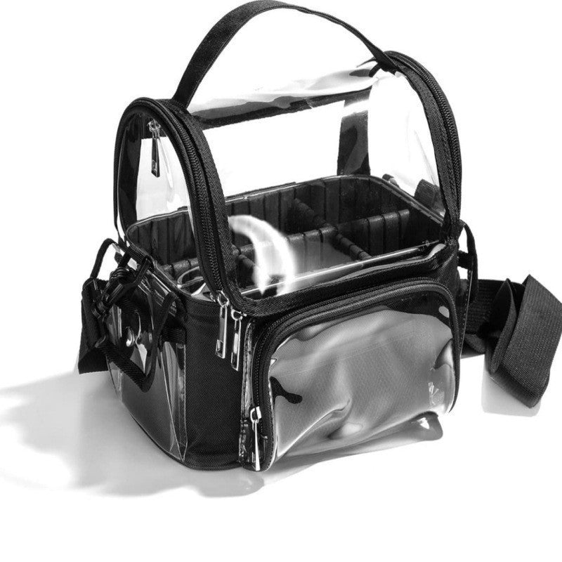 Black Professional Clear Makeup Case - Portable PVC Cosmetic Organizer with Adjustable Dividers &amp; Shoulder Strap