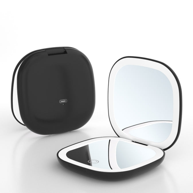 2-piece Black Portable LED Makeup Mirror - Rechargeable Compact with 3-Color Lights &amp; 5x Magnification