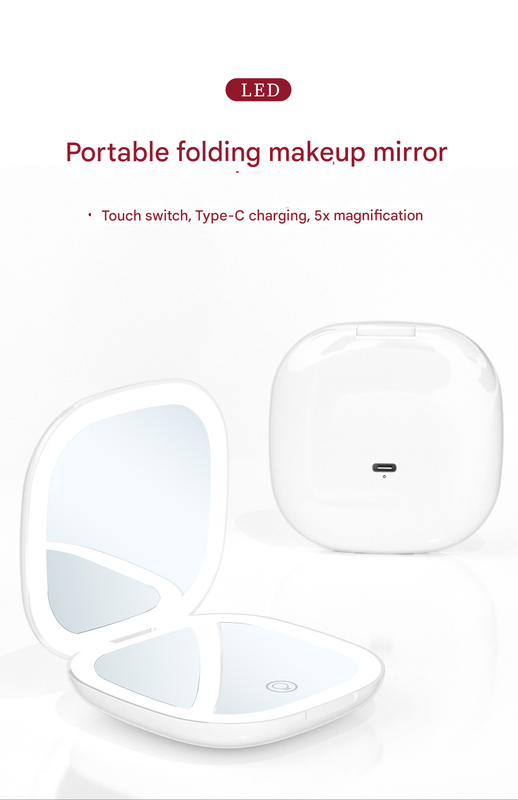 2-piece Black Portable LED Makeup Mirror - Rechargeable Compact with 3-Color Lights & 5x Magnification