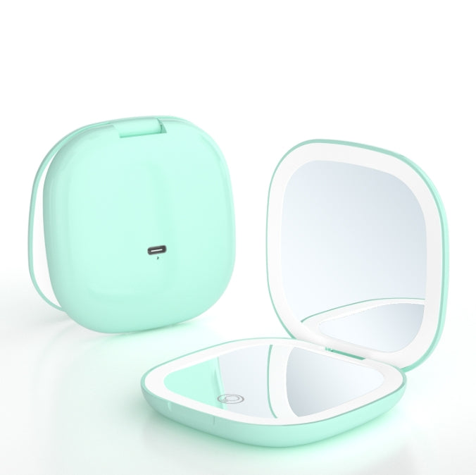 2-piece Green Portable LED Makeup Mirror - Rechargeable Compact with 3-Color Lights &amp; 5x Magnification
