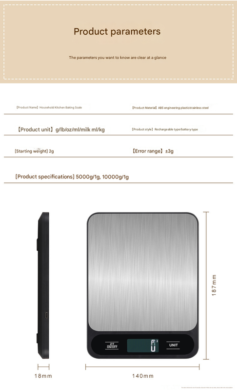 Black Slim Digital Kitchen Scale - High Precision Stainless Steel Food Scale for Baking & Cooking(10kg)