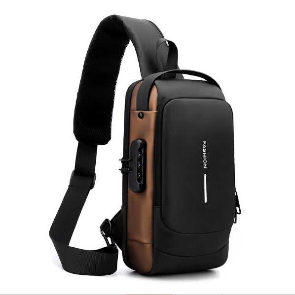 Black Gold Modern Anti-Theft Sling Bag for Men - Crossbody Backpack with USB Port &amp; Combination Lock