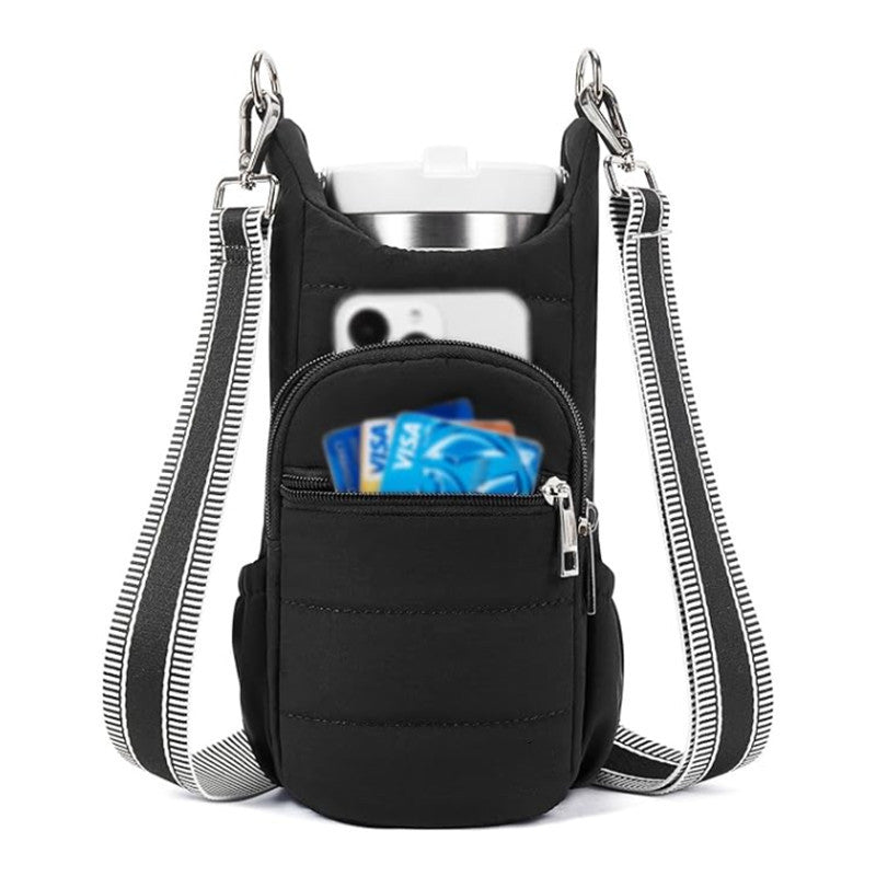Black Women's Crossbody Water Bottle Bag-Perfect for Hiking and Cycling
