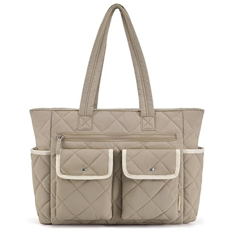 Grayish-brown Women&#39;s Multi-Pocket Tote Bag - Large Quilted Travel Handbag for Work, Gym, and More
