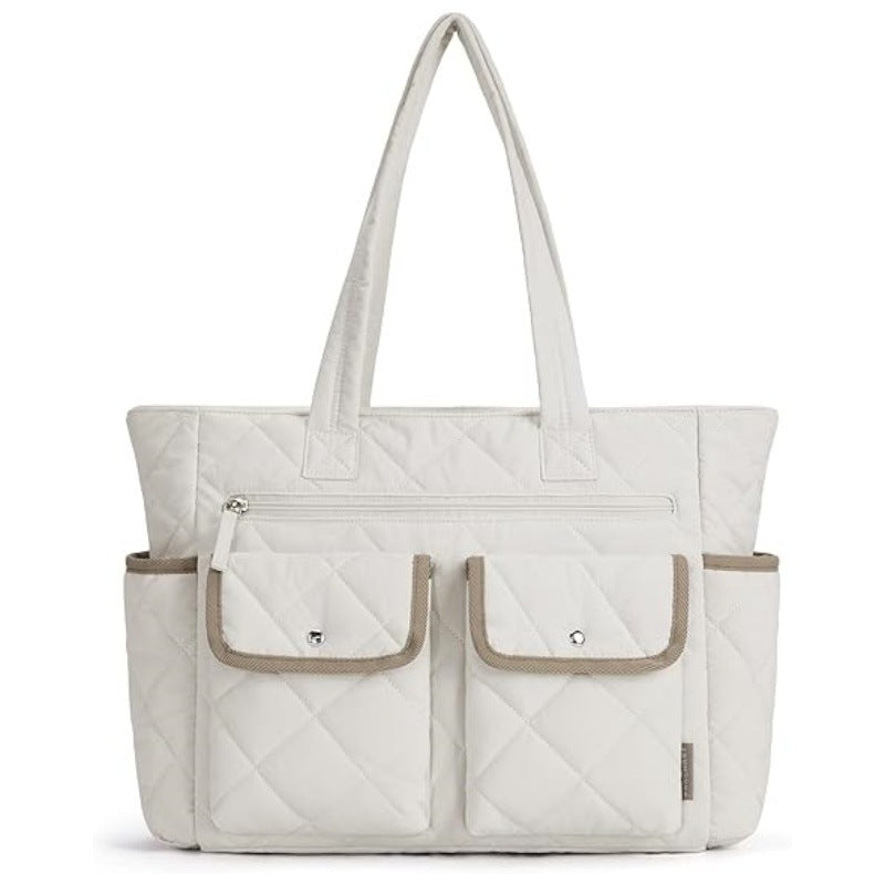 Beige Women&#39;s Multi-Pocket Tote Bag - Large Quilted Travel Handbag for Work, Gym, and More