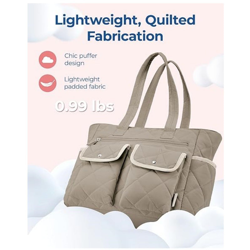 Beige Women's Multi-Pocket Tote Bag - Large Quilted Travel Handbag for Work, Gym, and More
