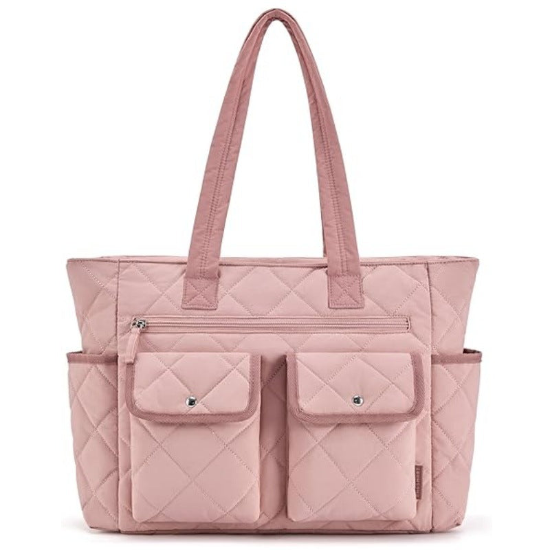 Pink Women&#39;s Multi-Pocket Tote Bag - Large Quilted Travel Handbag for Work, Gym, and More