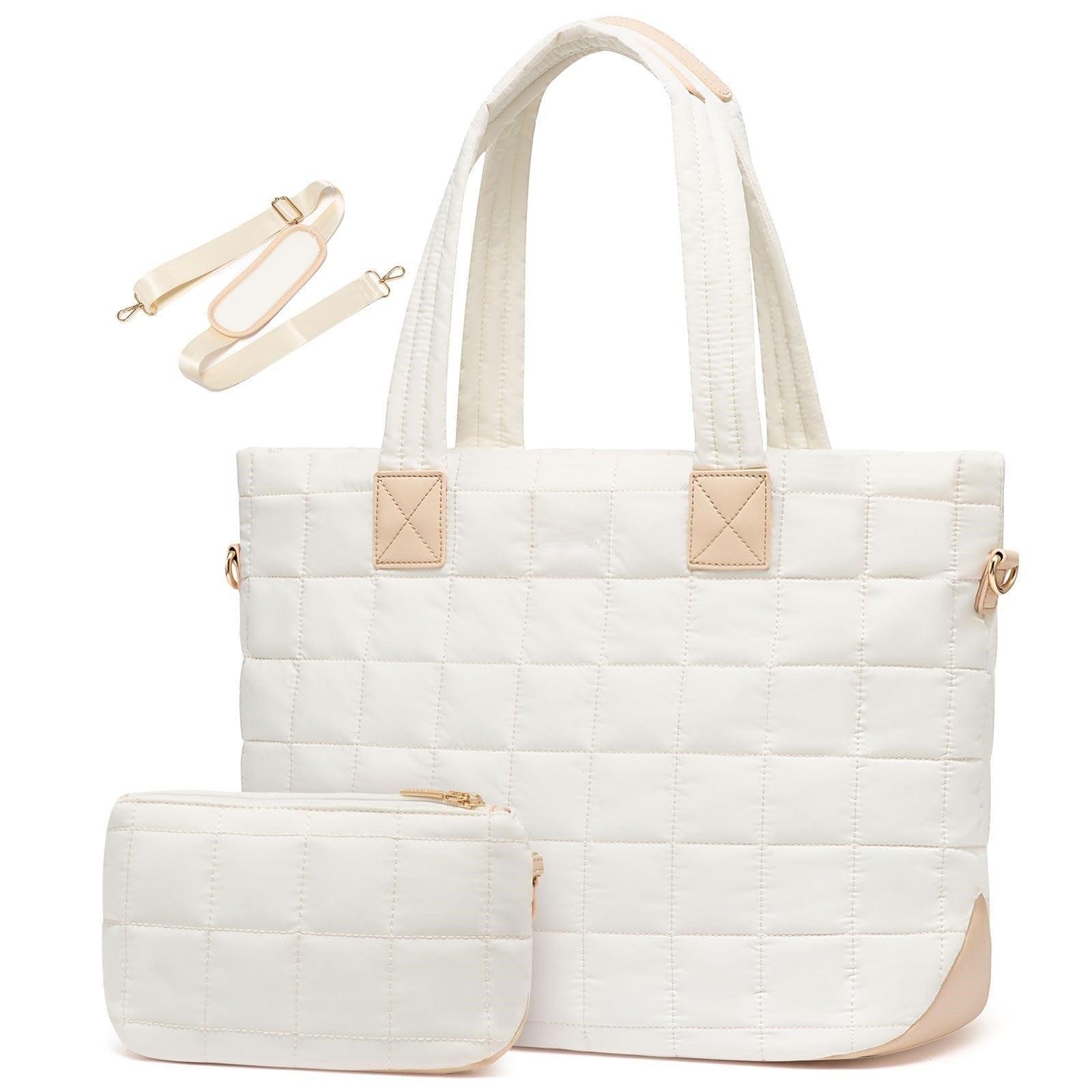 White New Large Capacity Tote Bag - Fashionable Quilted Women's Shoulder Bag and Laptop Bag