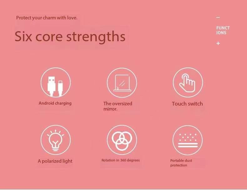 2-Piece Pink Portable LED Makeup Mirror with Brush - Foldable, Rotatable, and Rechargeable Travel Vanity Mirror