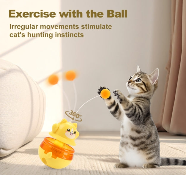 2-Piece Yellow Interactive Cat Tumbler Toy - 3-in-1 Treat Dispensing Puzzle Feeder with Ball Track & Teaser Wand