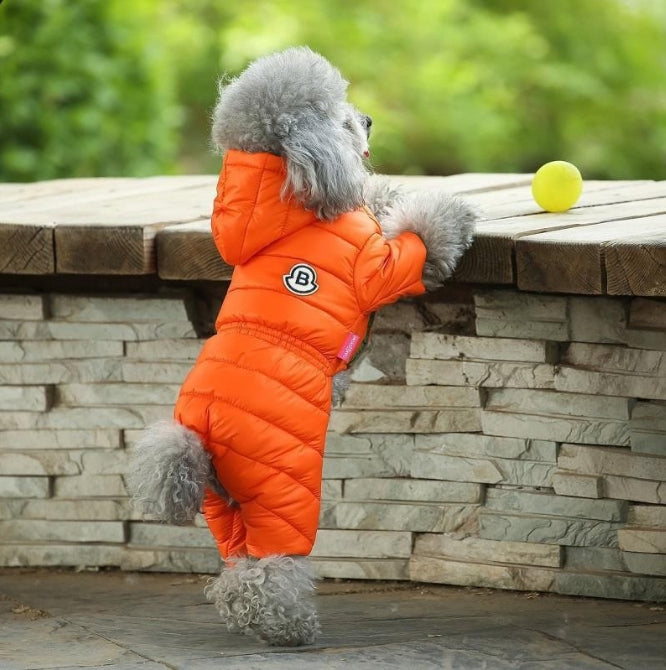 Orange Warm Puffer Dog Coat - Waterproof Four-Legged Winter Jumpsuit for Small Dogs