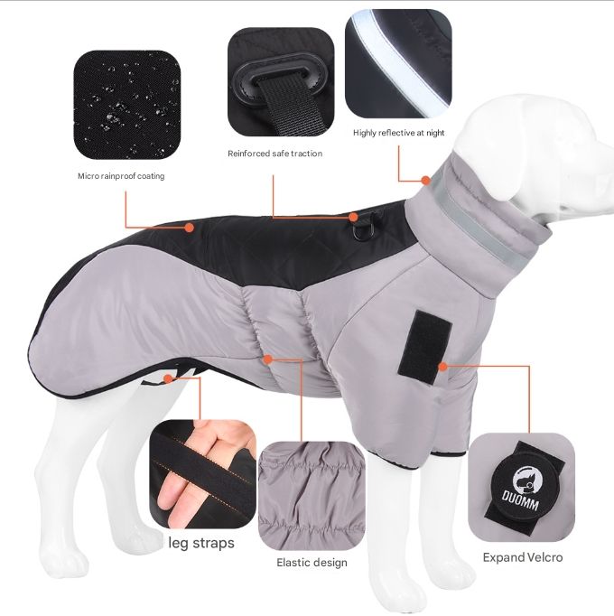 Gray orange Reflective Winter Dog Coat - Waterproof Puffer Vest with Harness D-Ring for Outdoor Walks(6XL)