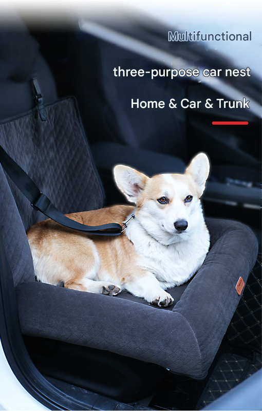 Grey Plush Dog Car Booster Seat - 2-in-1 Travel Bed for Small Dogs with Washable Cover