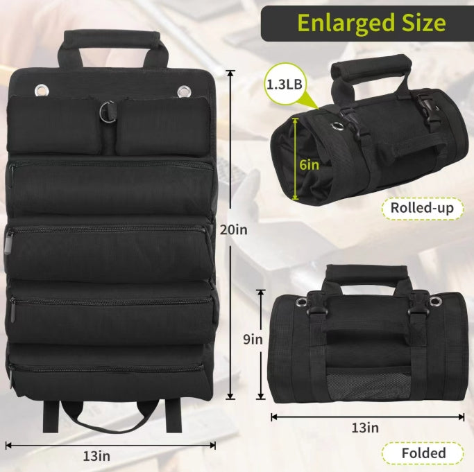 Black Heavy-Duty Roll-Up Tool Bag Organizer - Waterproof 1200D Fabric with 6 Pockets &amp; Detachable Pouches