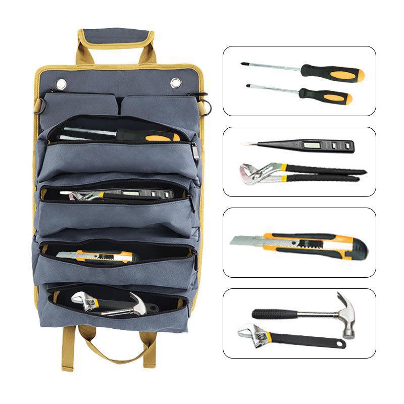Black Heavy-Duty Roll-Up Tool Bag Organizer - Waterproof 1200D Fabric with 6 Pockets & Detachable Pouches