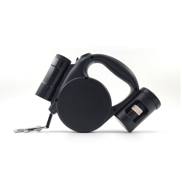 Black 3-in-1 Retractable Dog Leash with LED Flashlight &amp; Poop Bag Dispenser | Heavy Duty Tangle-Free Leash for Safe Night Walks