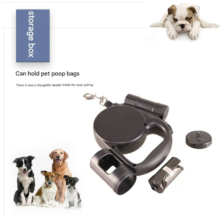 Black 3-in-1 Retractable Dog Leash with LED Flashlight & Poop Bag Dispenser | Heavy Duty Tangle-Free Leash for Safe Night Walks