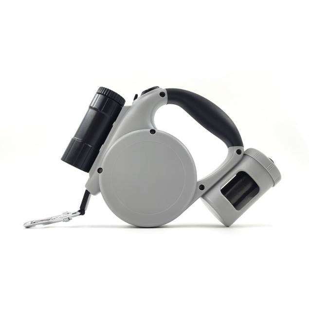 Grey 3-in-1 Retractable Dog Leash with LED Flashlight &amp; Poop Bag Dispenser | Heavy Duty Tangle-Free Leash for Safe Night Walks