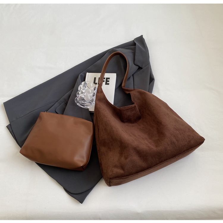 Greenish-brown Chic Faux Suede Tote Bag with Matching Pouch | Large Capacity Slouchy Shoulder Bag
