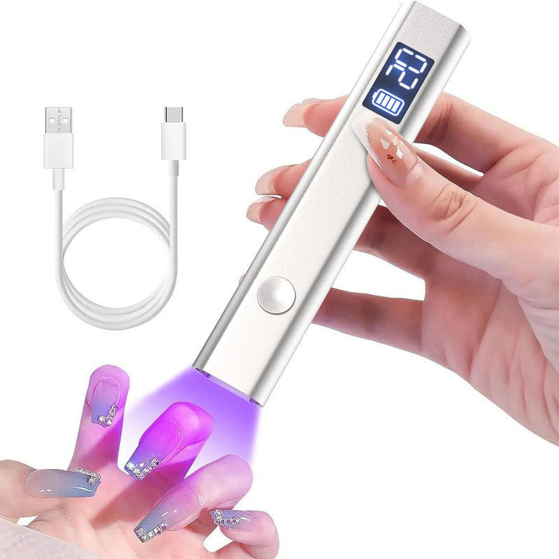 Silver Handheld UV LED Nail Curing Pen - Portable USB-C Rechargeable Light for Fast-Drying Gel Polish &amp; Nail Art