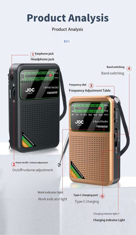 Golden JOC TG-77 Multi-Band Rechargeable Radio for Seniors - Automatic Channel Search, FM/AM/SW Bands