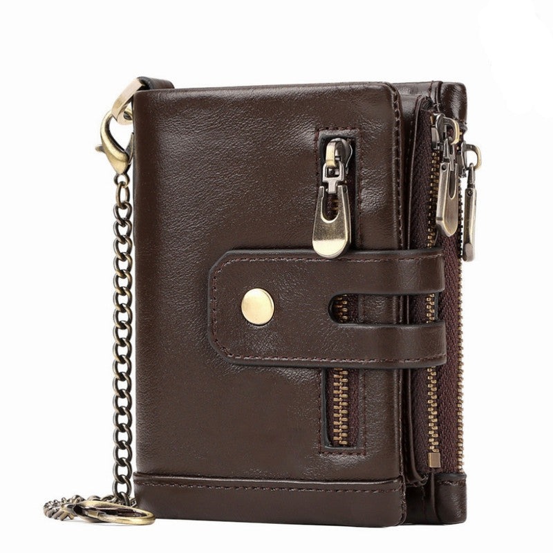 Coffee Genuine Leather Men&#39;s RFID Blocking Wallet - High Capacity Trifold with Zipper Coin Pocket