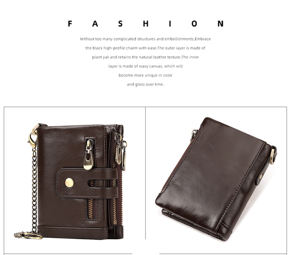 Red Genuine Leather Men's RFID Blocking Wallet - High Capacity Trifold with Zipper Coin Pocket