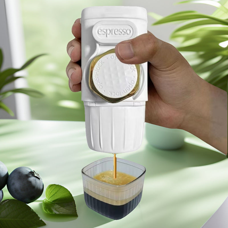 White Portable Hand Press Espresso Machine - Compatible with Espresso Capsules and Ground Coffee for Home, Travel, and Outdoor Use