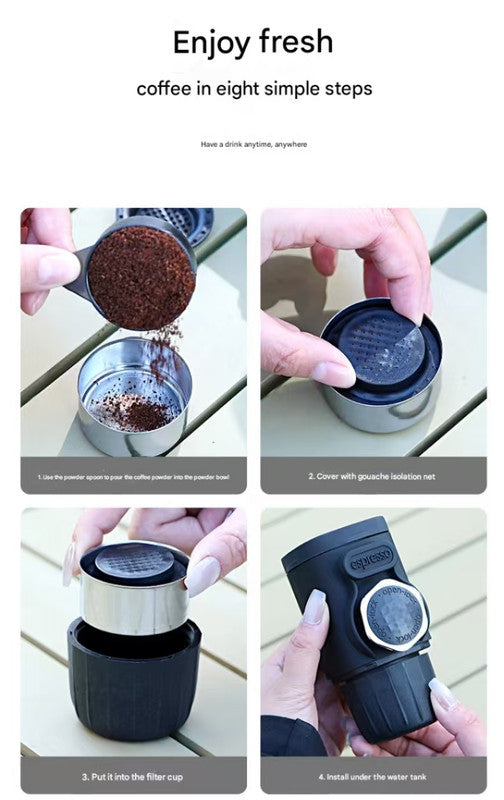 White Portable Hand Press Espresso Machine - Compatible with Espresso Capsules and Ground Coffee for Home, Travel, and Outdoor Use