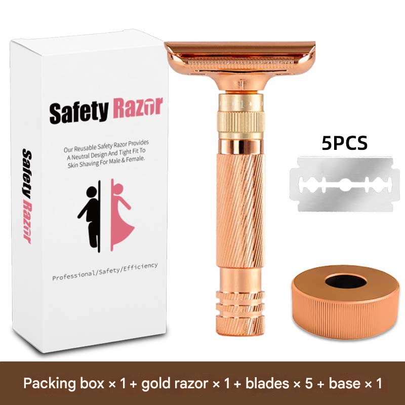 Rose gold Premium Adjustable Double Edge Safety Razor Kit - 8-Setting Precision Shave with Stand &amp; 5 Blades