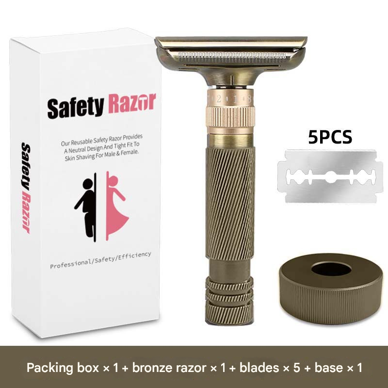 Bronze color Premium Adjustable Double Edge Safety Razor Kit - 8-Setting Precision Shave with Stand &amp; 5 Blades