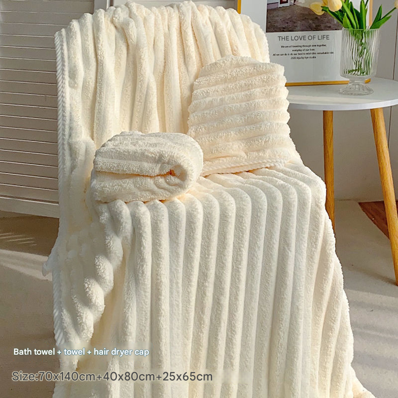 White Plush Ribbed Coral Fleece 3-Piece Towel Set - Ultra Soft &amp; Absorbent Bath, Hand Towel and Hair Wrap