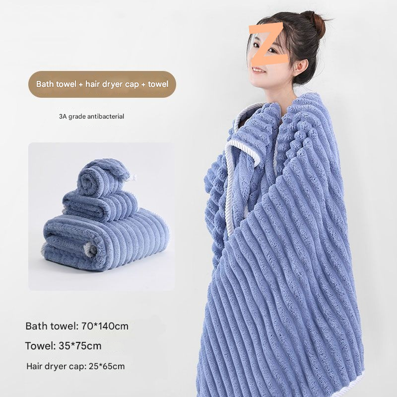 Blue Plush Ribbed Coral Fleece 3-Piece Towel Set - Ultra Soft &amp; Absorbent Bath, Hand Towel and Hair Wrap
