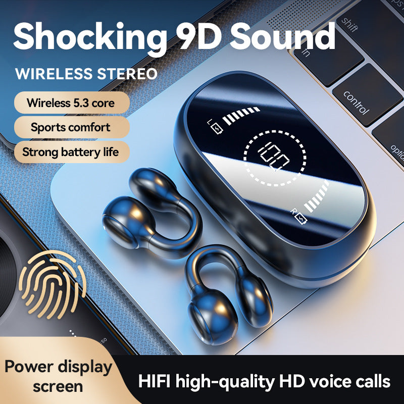 White Open-Ear Ear-Clip Wireless Earbuds, Bluetooth 5.3 Headphones with LED Digital Display, Hi-Fi Stereo Sound & HD Mic for Sports and Calls