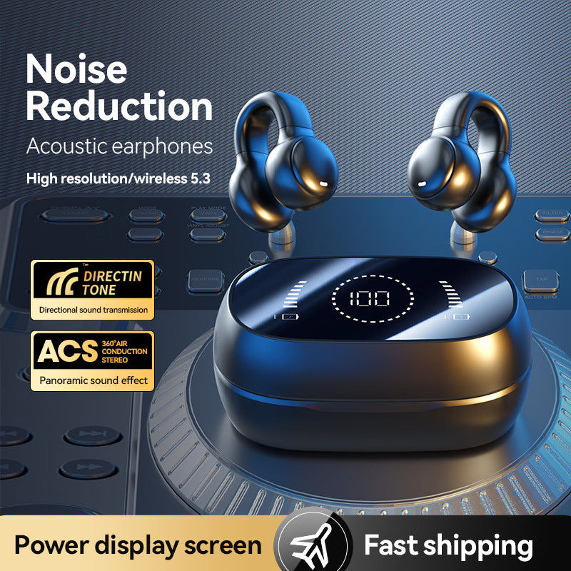 White Open-Ear Ear-Clip Wireless Earbuds, Bluetooth 5.3 Headphones with LED Digital Display, Hi-Fi Stereo Sound & HD Mic for Sports and Calls