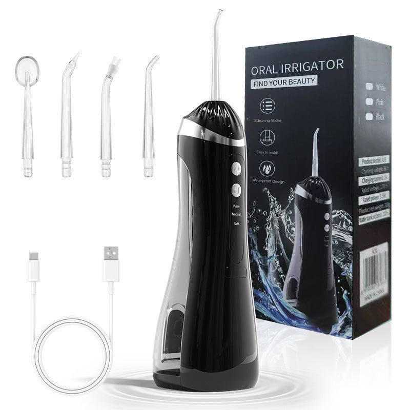 Black Cordless Water Flosser &amp; Oral Irrigator - Portable Teeth Cleaner with 3 Modes &amp; 4 Jet Tips
