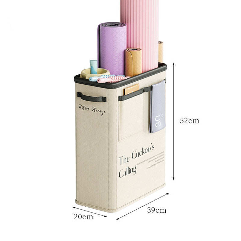 Beige Premium Fabric Yoga Mat Storage Basket - Slim &amp; Foldable Organizer for Home Gym Equipment