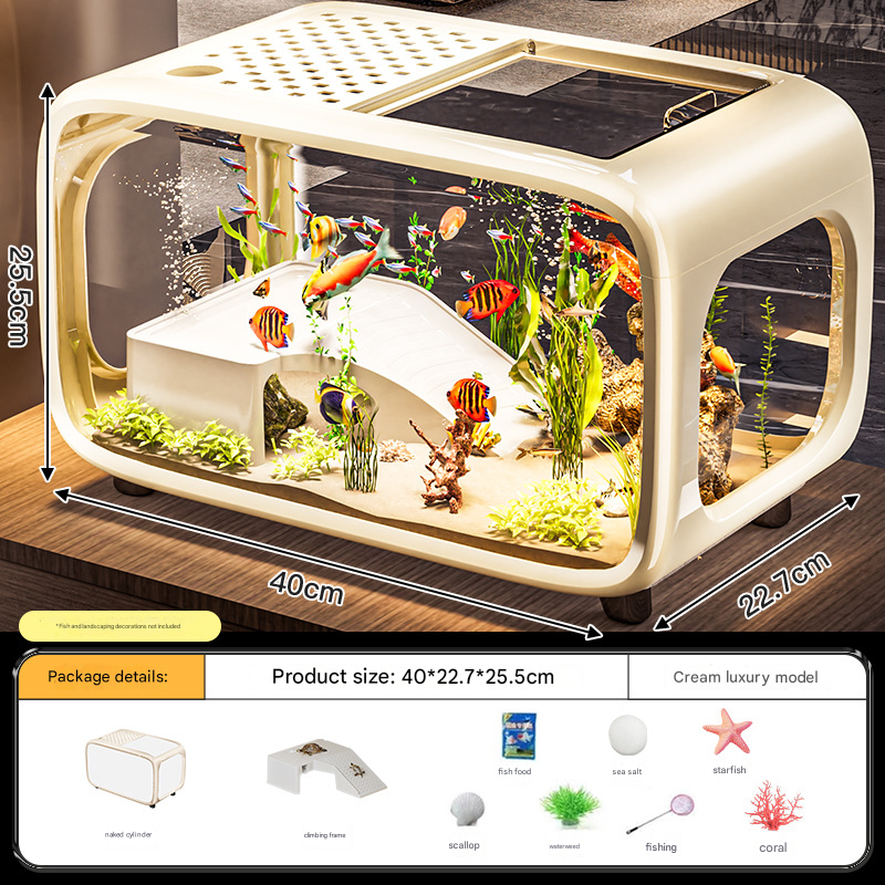 Cream color Modern Desktop Aquarium &amp; Turtle Tank - Panoramic Viewing Fish Tank with Basking Platform &amp; Lid