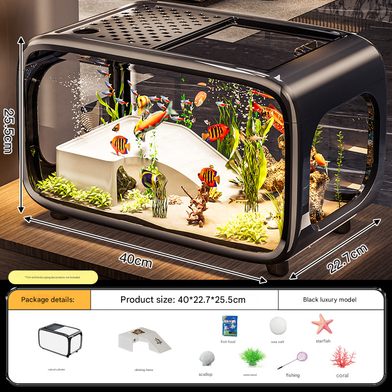 Black  Modern Desktop Aquarium &amp; Turtle Tank - Panoramic Viewing Fish Tank with Basking Platform &amp; Lid