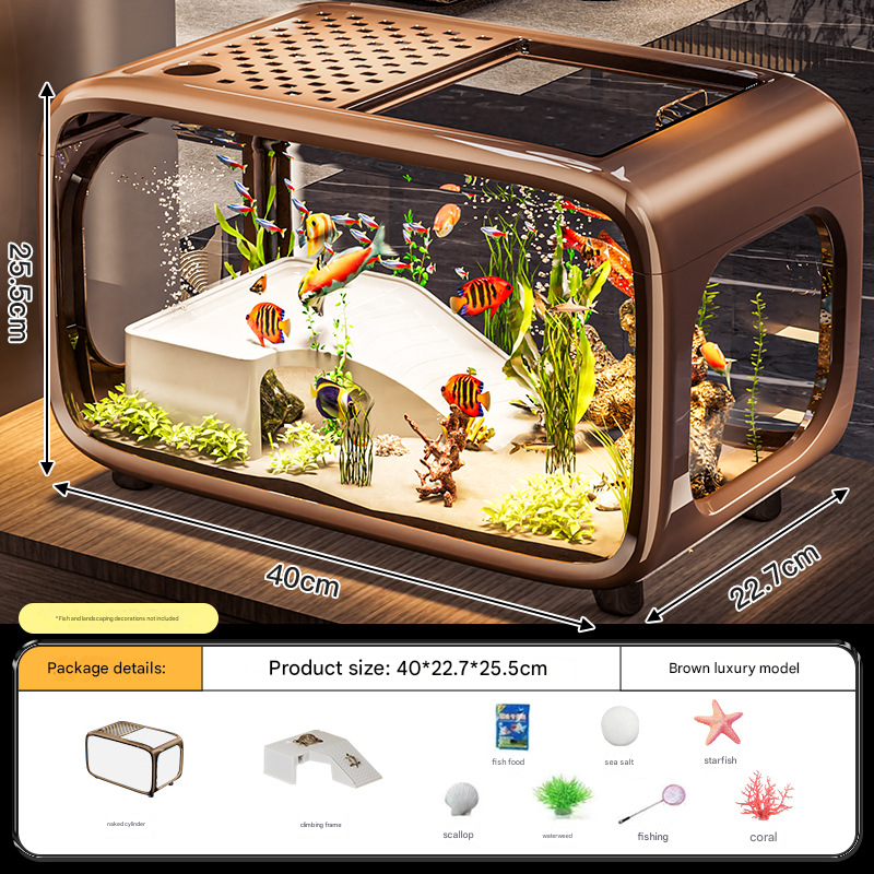 Brown  Modern Desktop Aquarium &amp; Turtle Tank - Panoramic Viewing Fish Tank with Basking Platform &amp; Lid