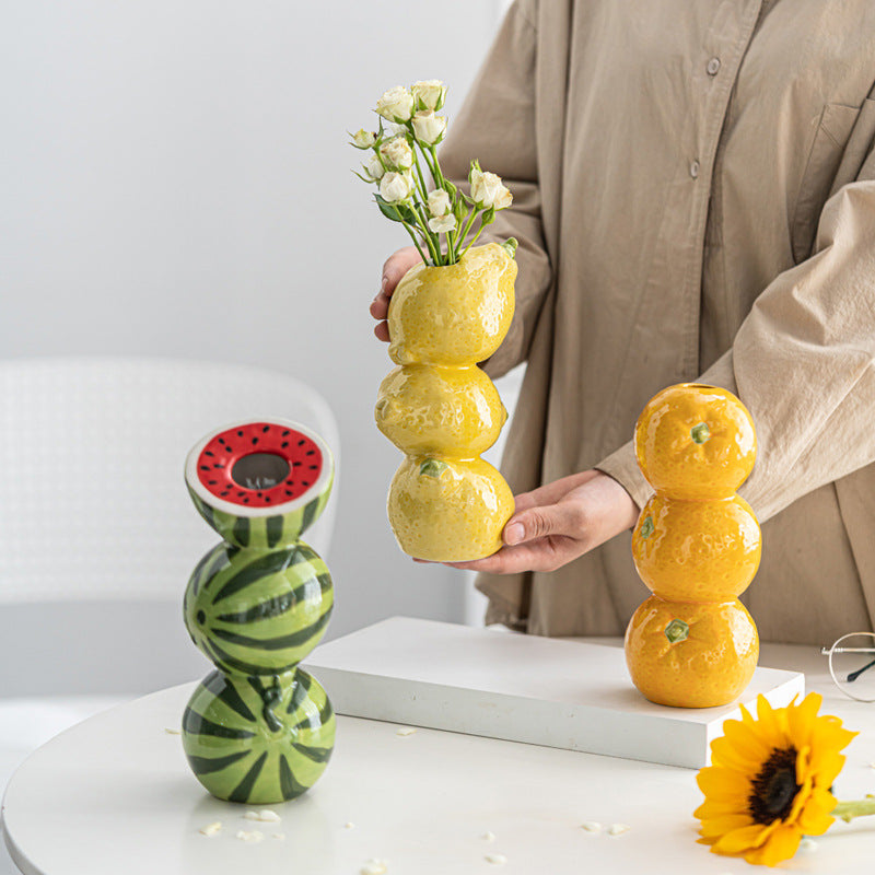 Orange Whimsical Stacked Fruit Ceramic Vase - Nordic Style Flower Holder for Modern Home Decor