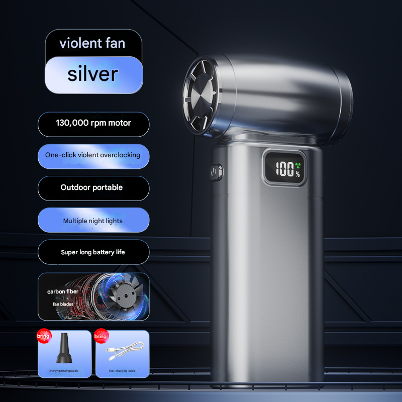 Silver Portable High-Speed Turbo Fan &amp; Air Duster - 130,000 RPM Brushless Motor, Rechargeable Blower
