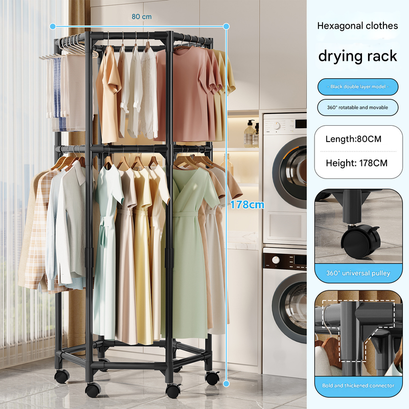 Black double layer  360° Rotating Portable Garment Rack - Heavy Duty Rolling Clothes Stand with Wheels for Bedroom &amp; Laundry