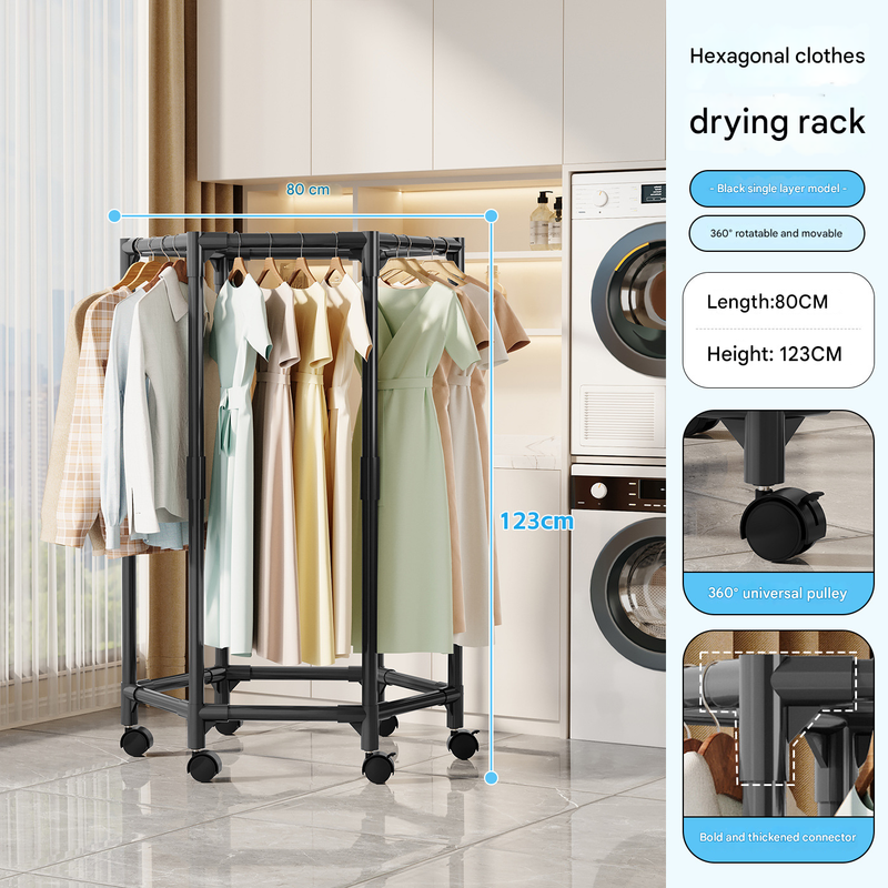 Black single layer  360°Rotating Portable Garment Rack - Heavy Duty Rolling Clothes Stand with Wheels for Bedroom &amp; Laundry