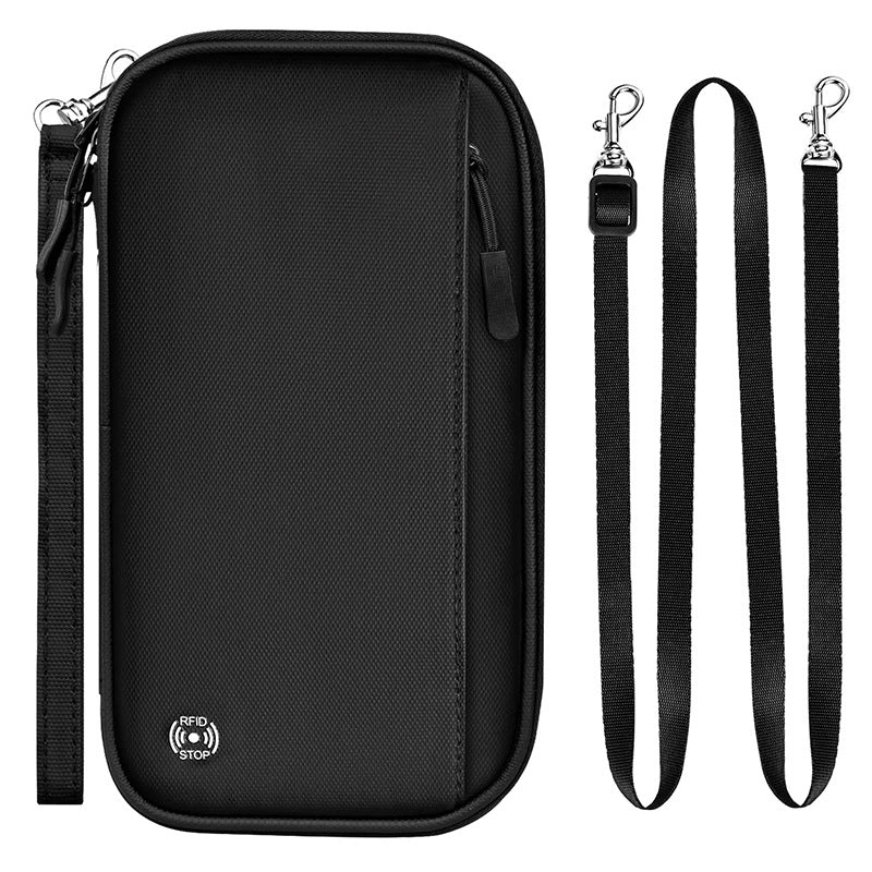 Black RFID Blocking Travel Wallet - Multi-functional Large Capacity Passport Holder &amp; Card Organizer with Adjustable Strap for Men &amp; Women