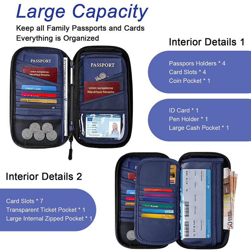 Black RFID Blocking Travel Wallet - Multi-functional Large Capacity Passport Holder & Card Organizer with Adjustable Strap for Men & Women