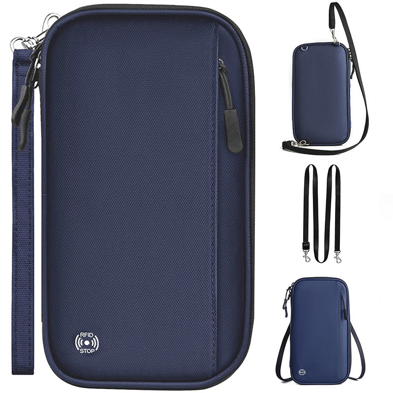 Dark blue RFID Blocking Travel Wallet - Multi-functional Large Capacity Passport Holder &amp; Card Organizer with Adjustable Strap for Men &amp; Women