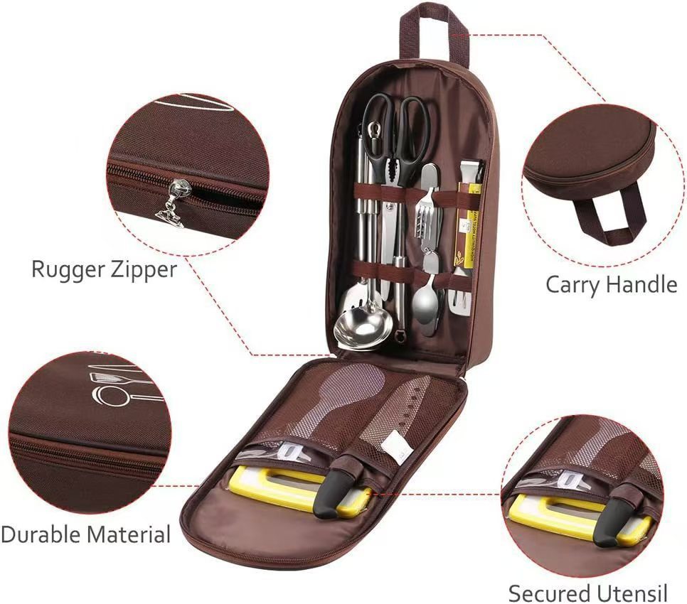 Brown Portable Camping Kitchen Utensil Organizer - Travel Cookware Storage Bag for BBQ & Picnics