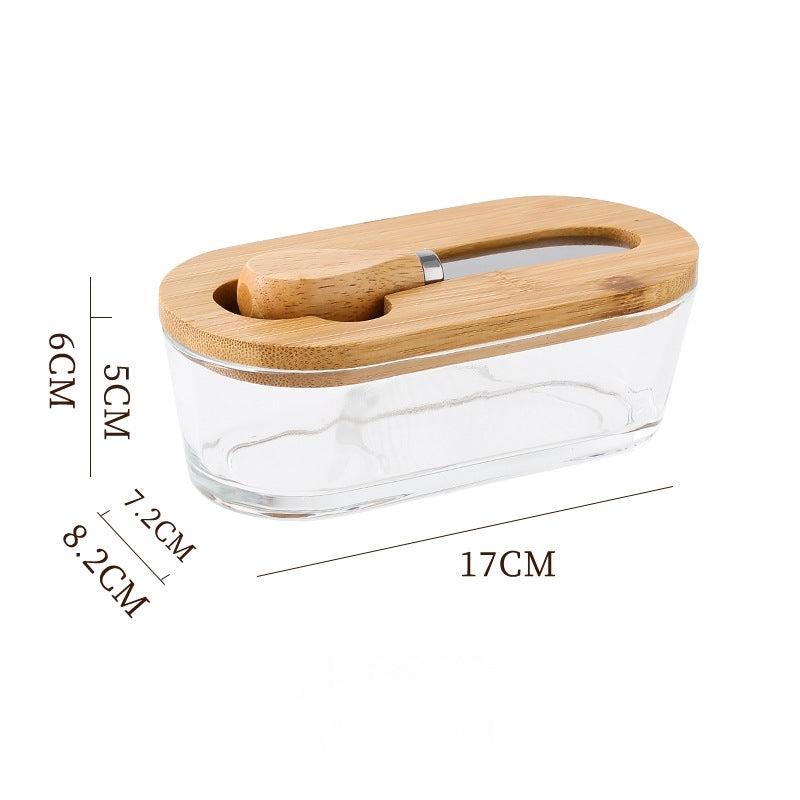 Natural wood color - flat Elegant Glass Butter Dish with Wooden Lid &amp; Matching Spreader - Sealed Butter Keeper for Freshness