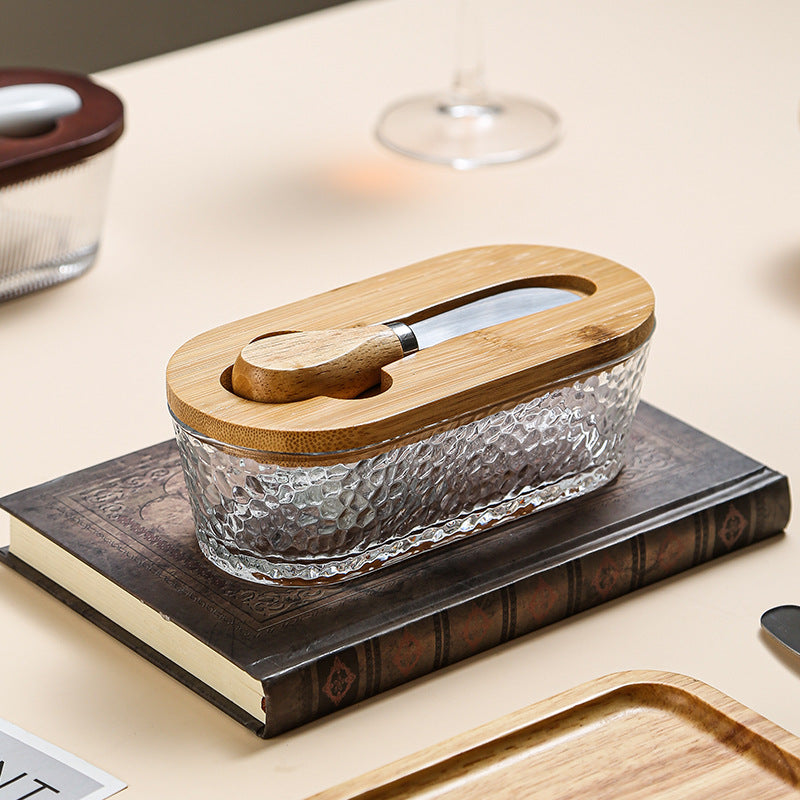 Natural wood color - flat Elegant Glass Butter Dish with Wooden Lid & Matching Spreader - Sealed Butter Keeper for Freshness